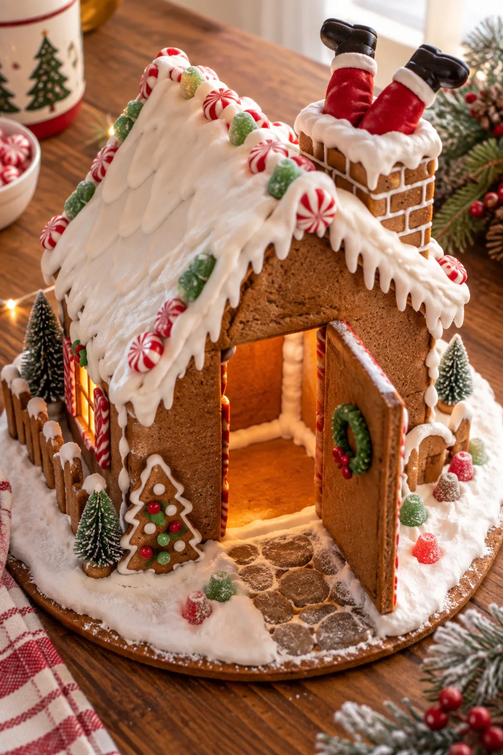 Amber-colored hard candy melted into a square window frame of a gingerbread wall.