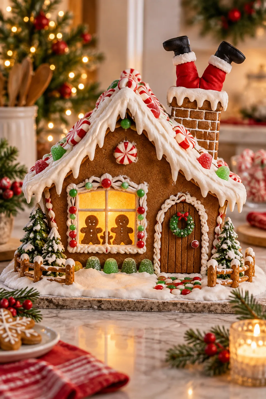 Thick line of white royal icing sealing the inside corner of two gingerbread walls.
