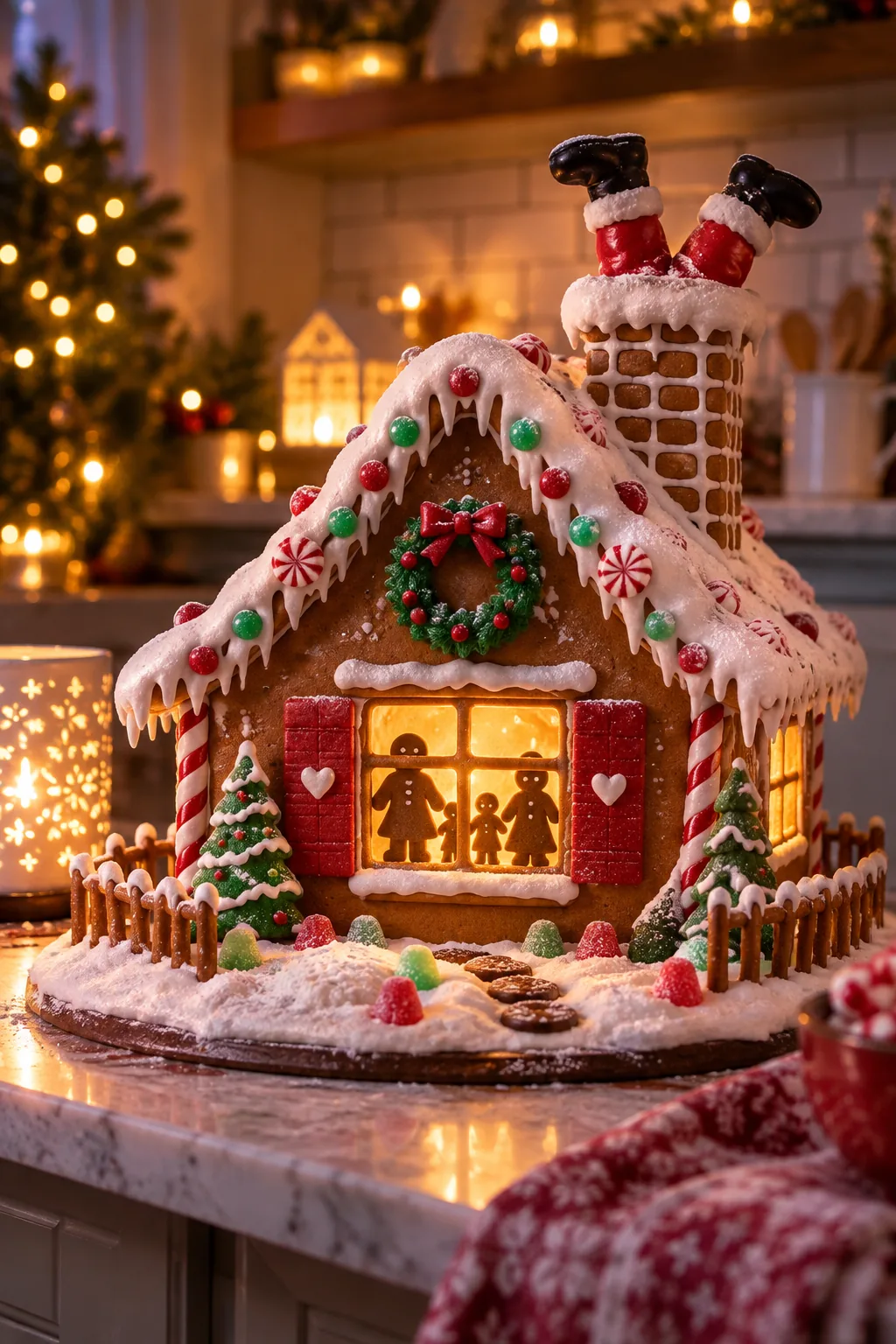 Silhouette of a gingerbread family visible through an illuminated amber candy window.