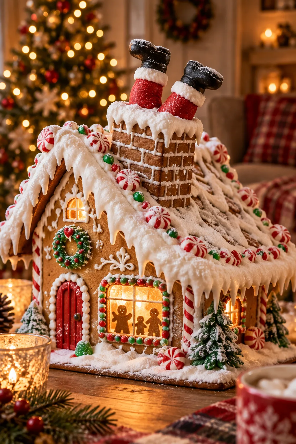 Gingerbread house glowing warmly from the inside in a dimly lit room.