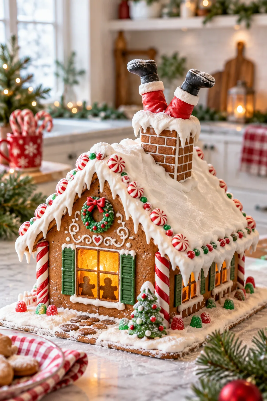 Two red Santa legs with black boots sticking upside down out of a gingerbread chimney.