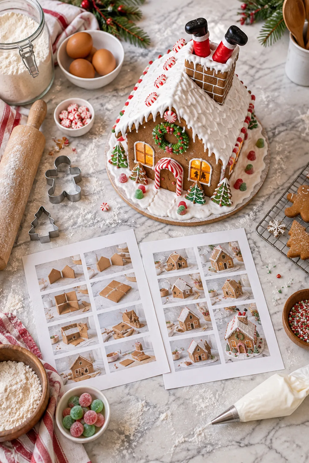 Printed two-page gingerbread house building schedule lying next to a completed gingerbread house.