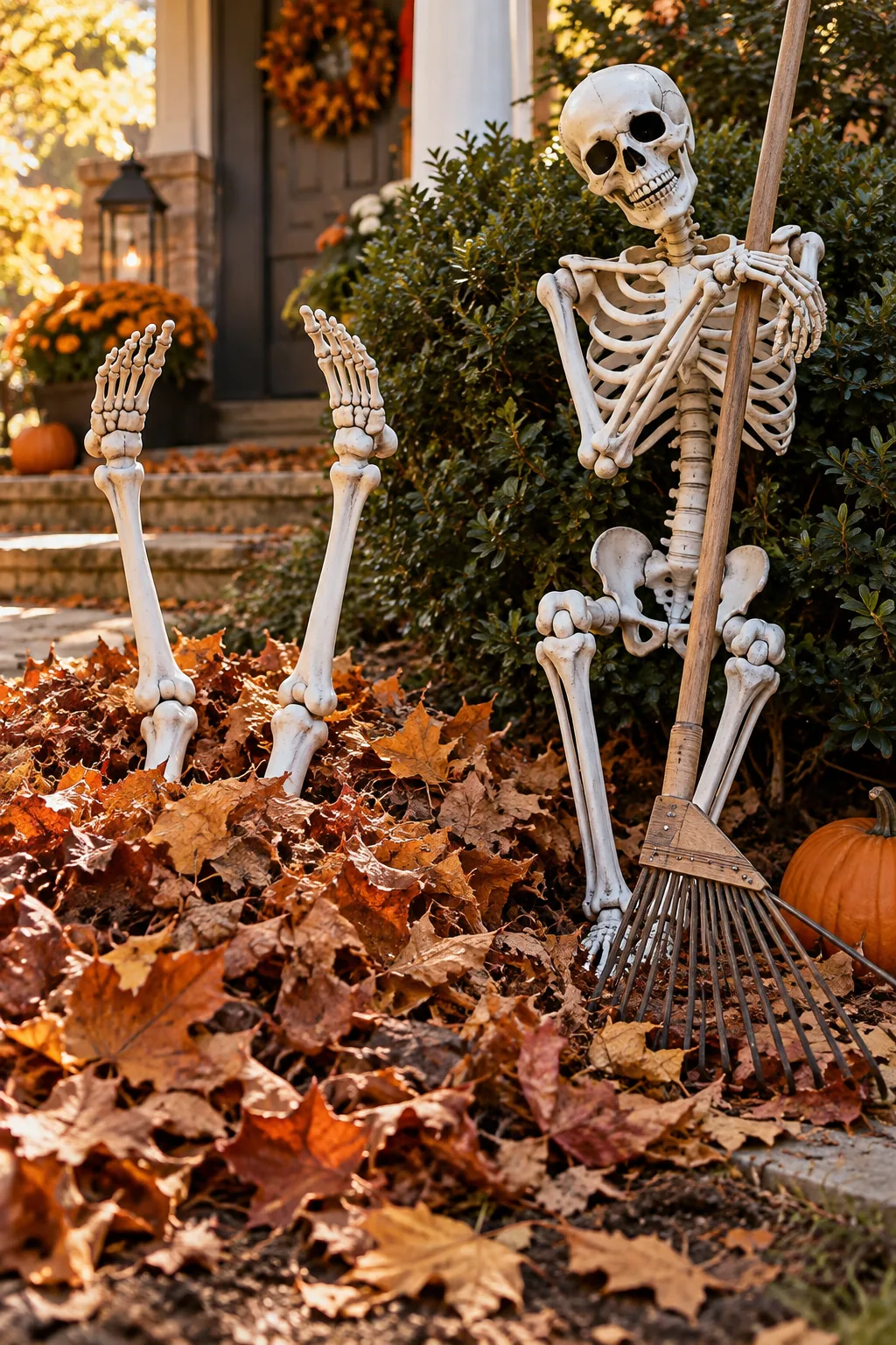 Skeletons stuck in a pile of autumn leaves with one leaning on a rake
