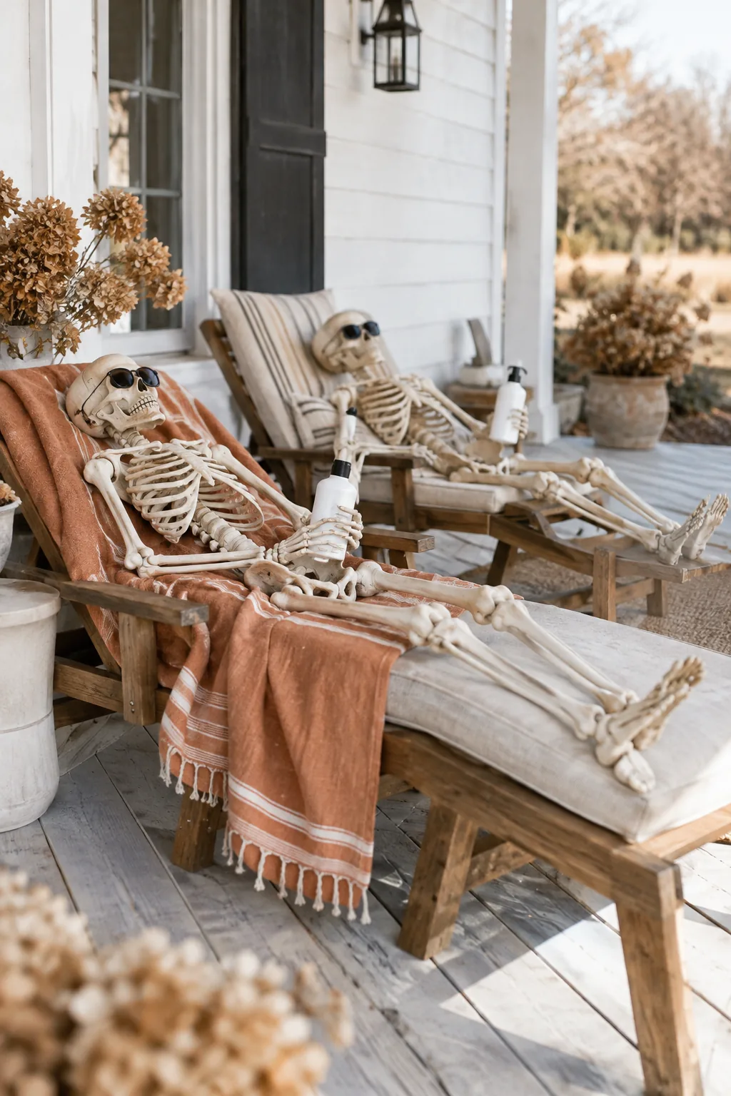 Skeletons laying on lounge chairs wearing sunglasses and holding sunscreen