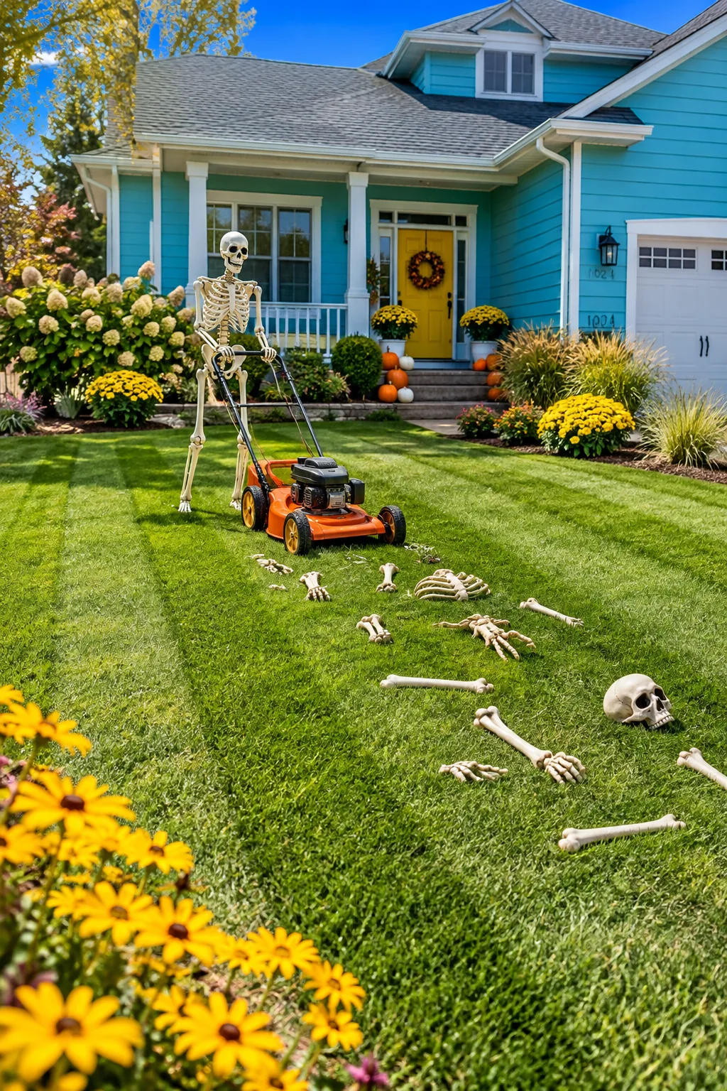 Skeleton pushing a lawnmower over fake bones in the grass