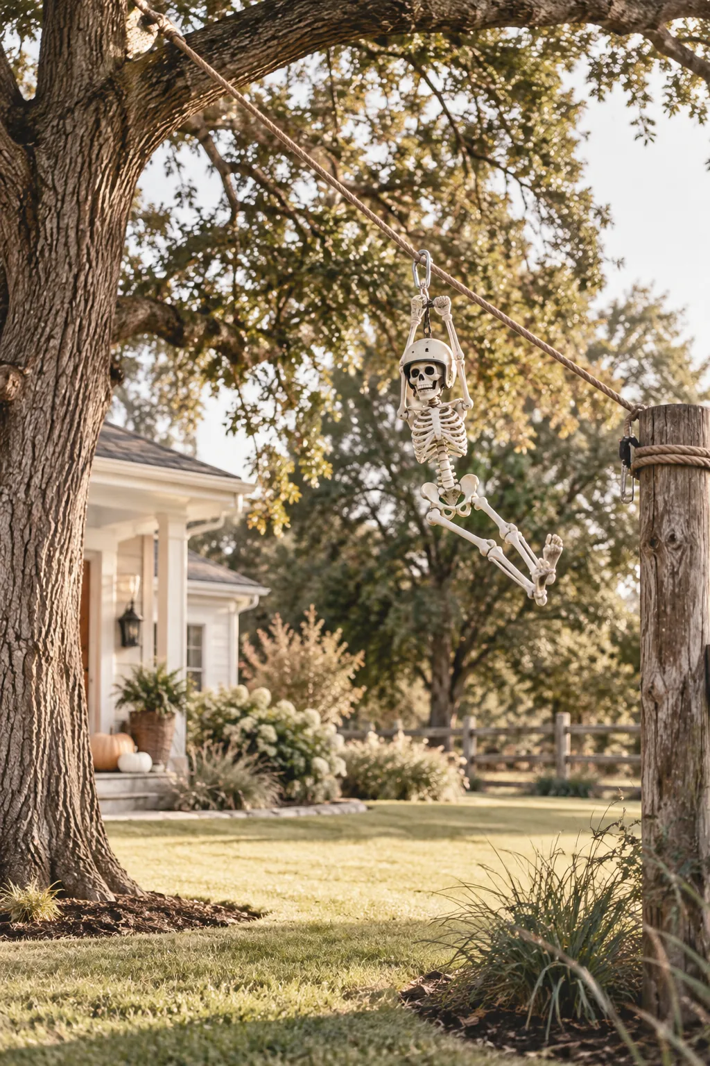Skeleton sliding down a rope zip line attached to a front yard tree