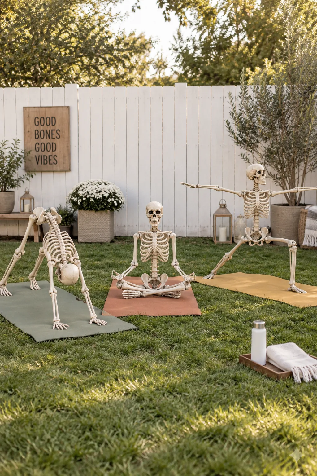 Skeletons posed in yoga positions on colorful mats in the grass