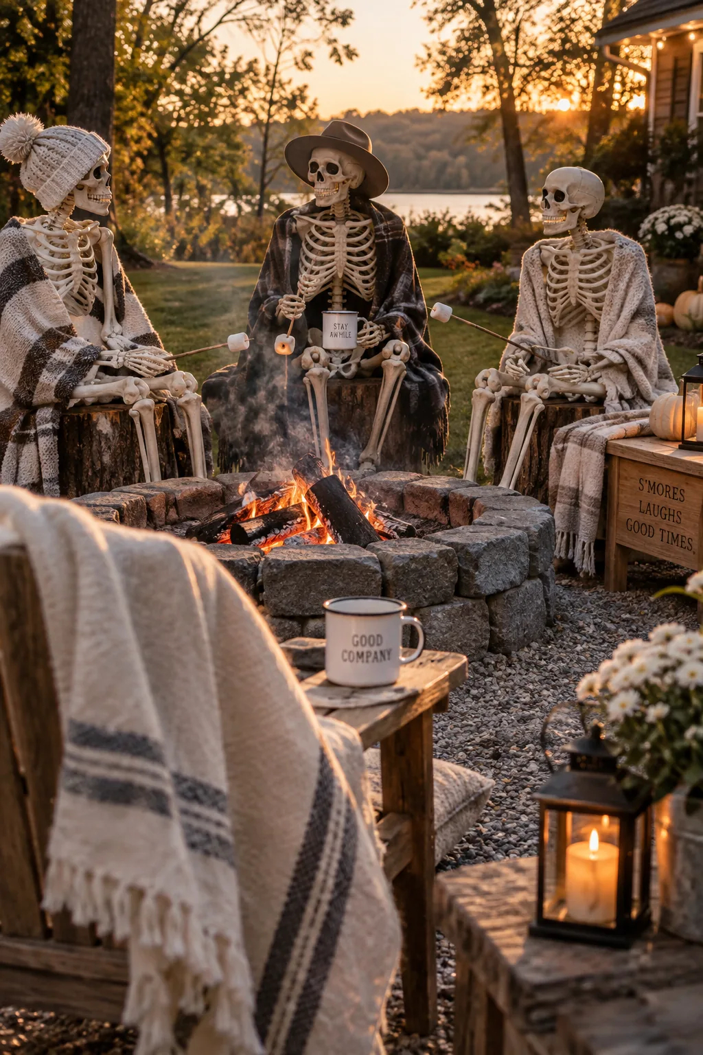 Skeletons sitting around a fire pit roasting plastic marshmallows on sticks