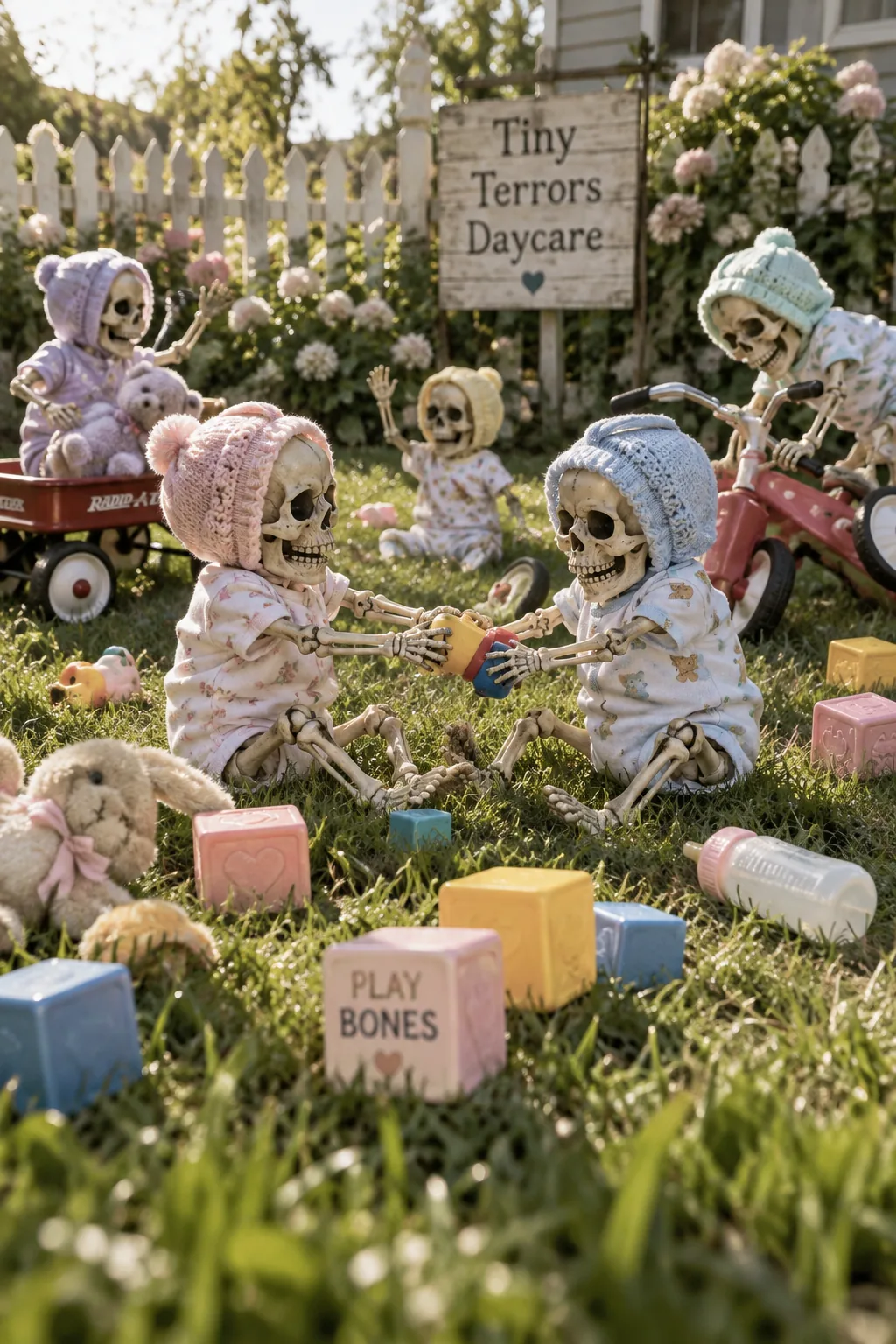 Small skeletons dressed in baby clothes fighting over plastic tricycles