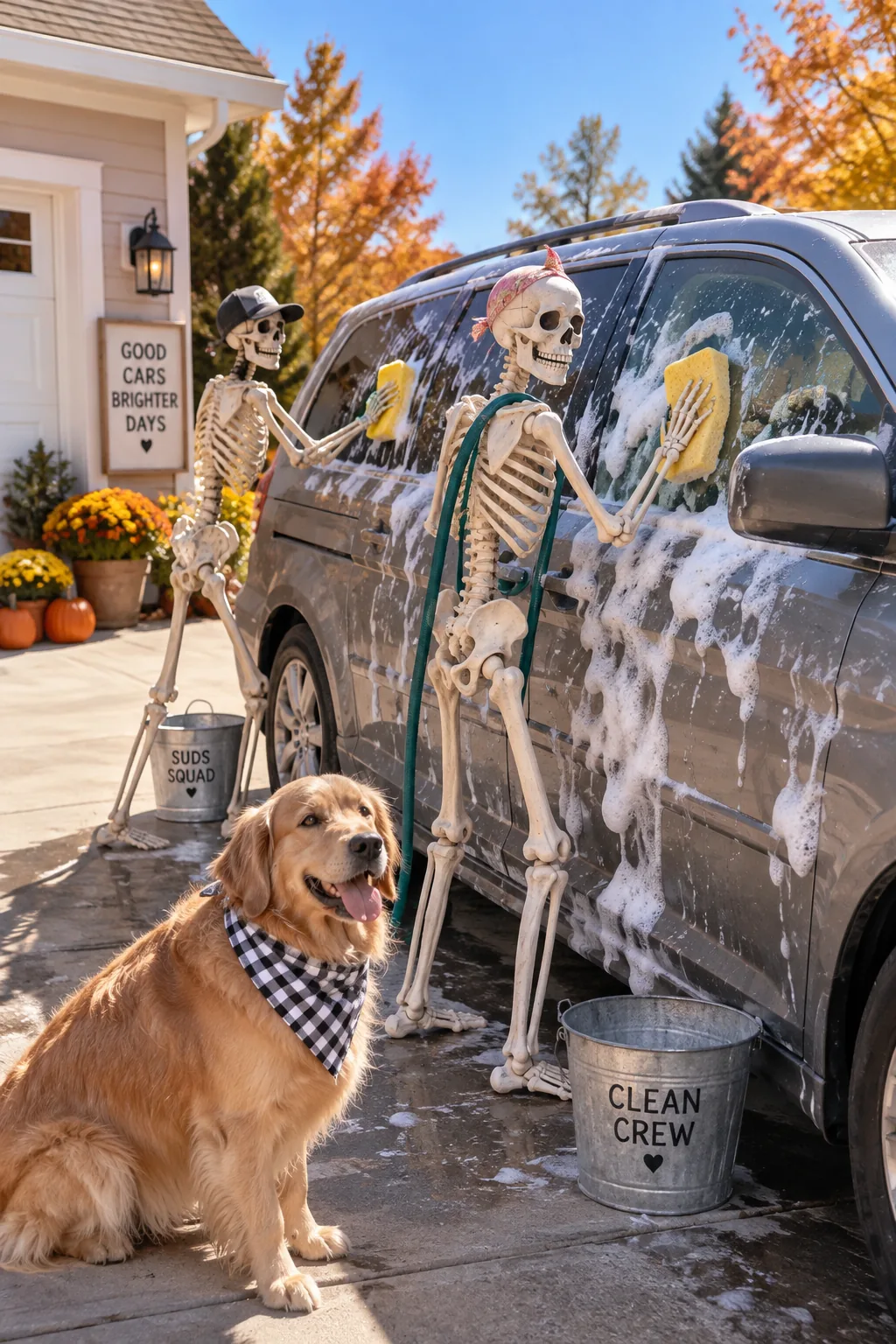 Skeletons washing a minivan with large sponges and fake soap suds