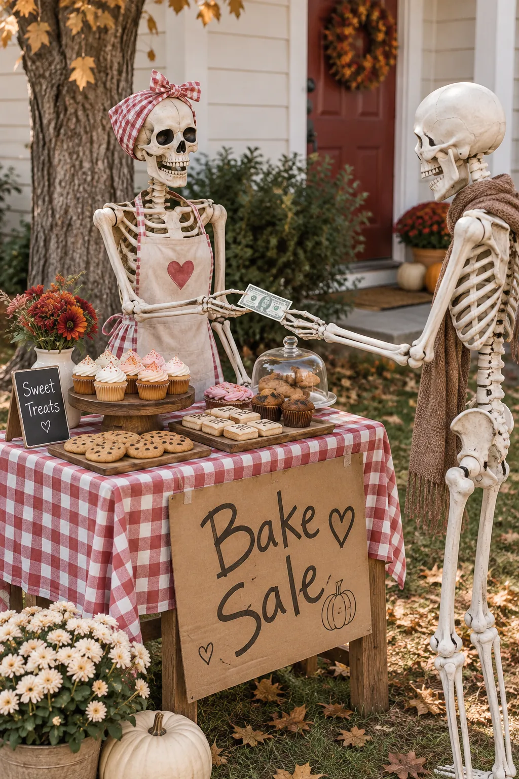 Skeletons standing behind a wooden table selling fake pastries