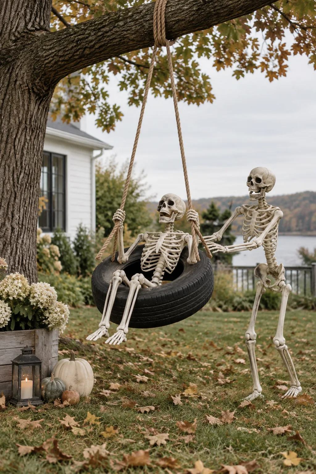 Skeleton sitting on a tire swing being pushed by another skeleton