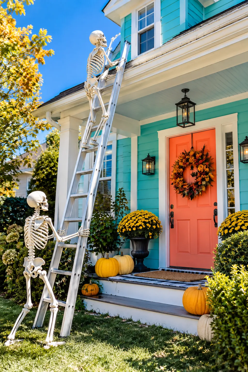 Skeleton climbing a ladder against the porch gutters while another holds it