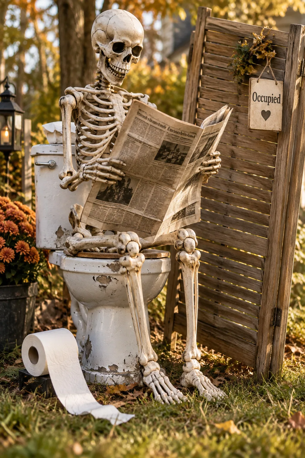 Skeleton sitting on an old toilet reading a newspaper on the lawn