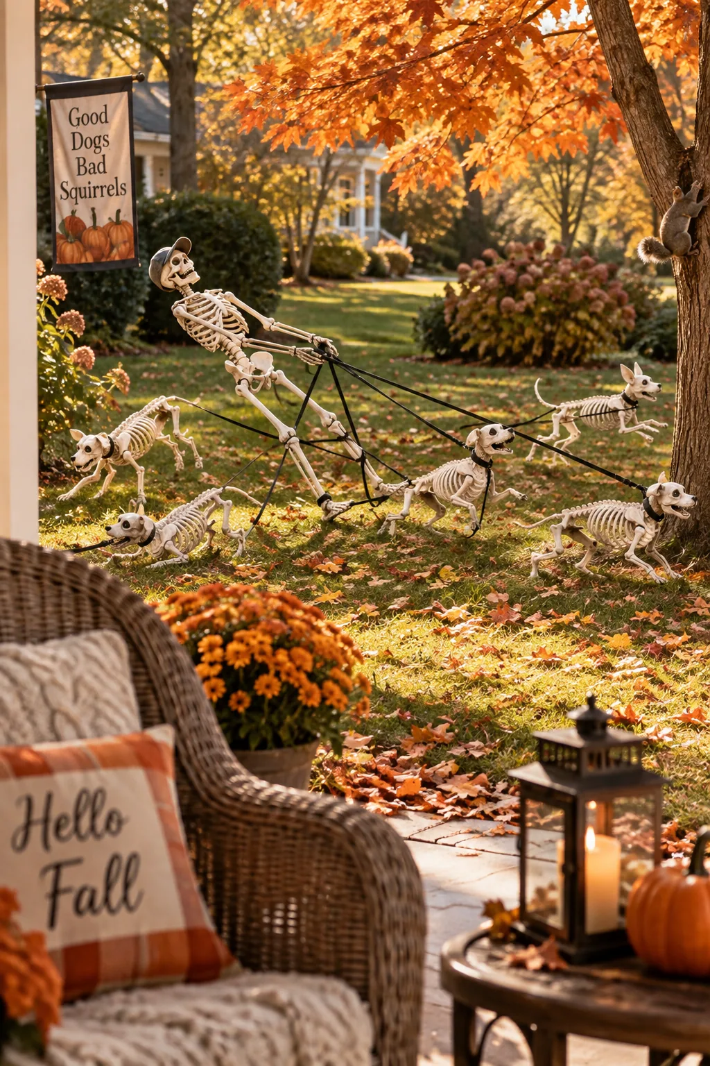Skeleton tangled in leashes being dragged by five plastic skeleton dogs