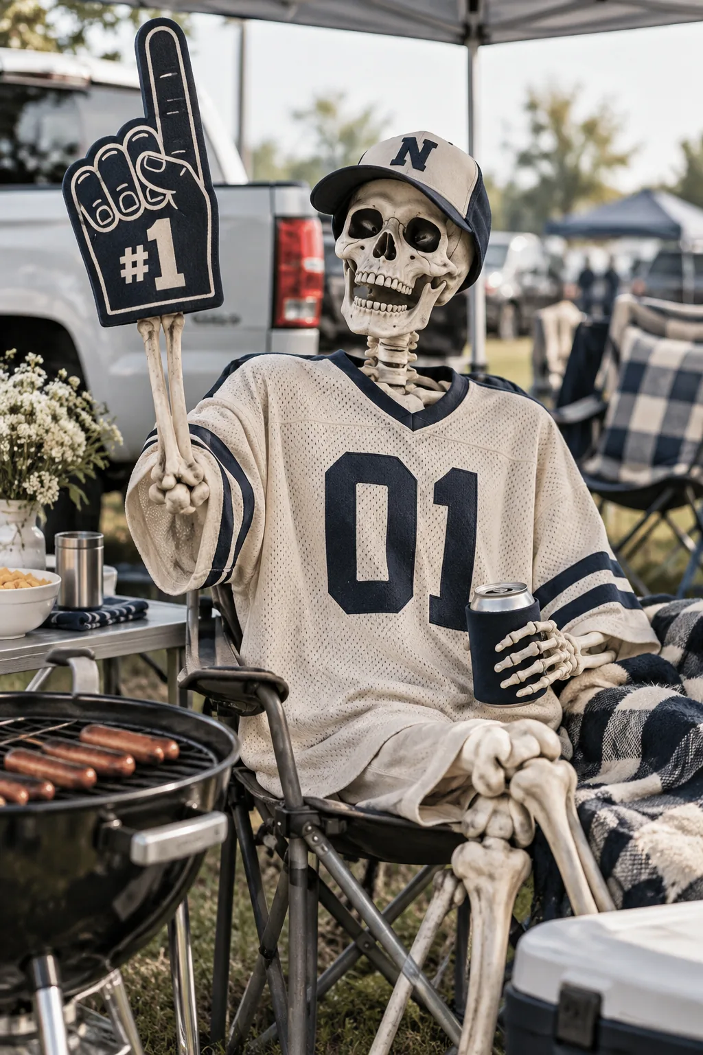 Skeletons wearing football jerseys sitting in folding chairs near a grill