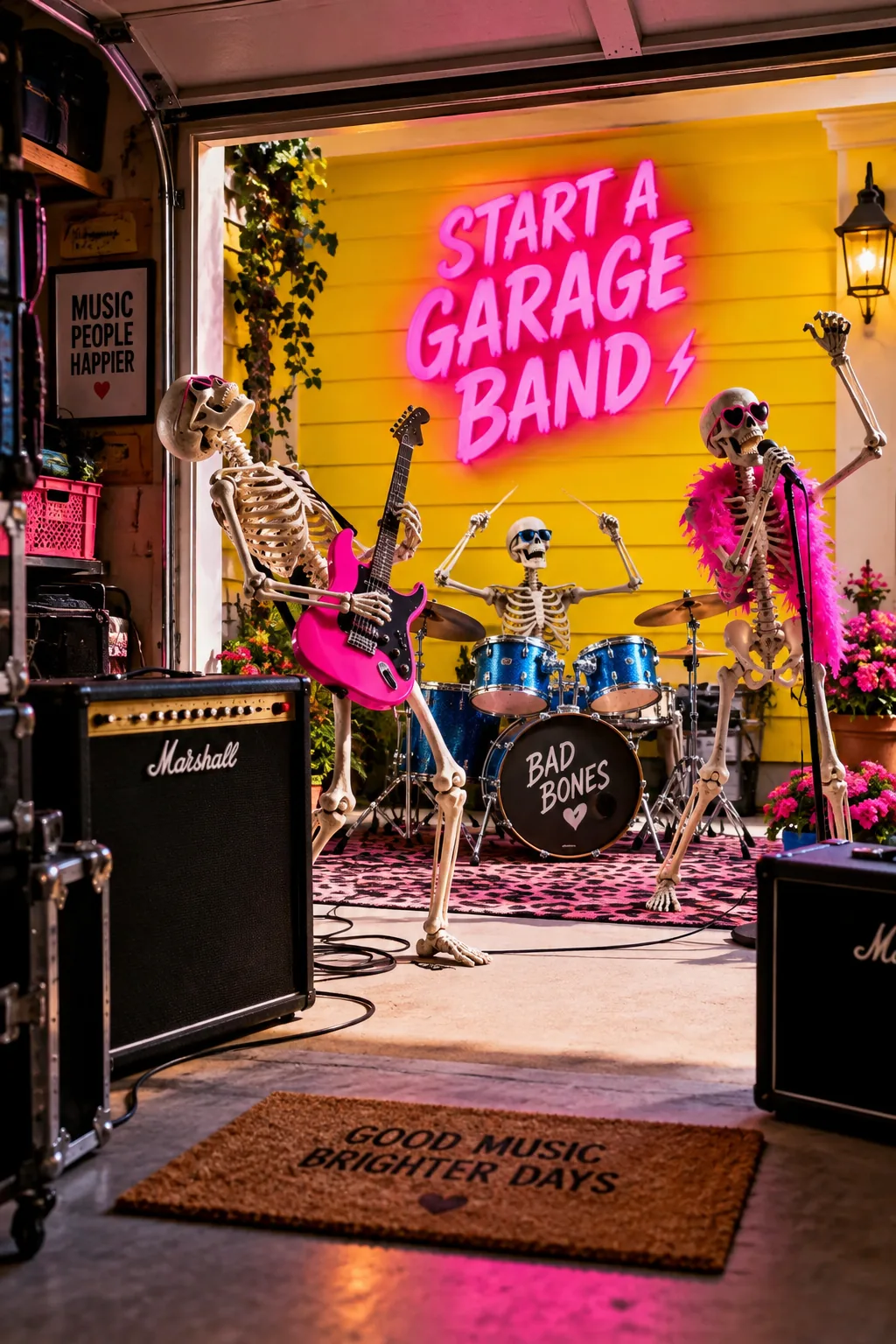 Skeletons playing toy guitars and drums on the front step