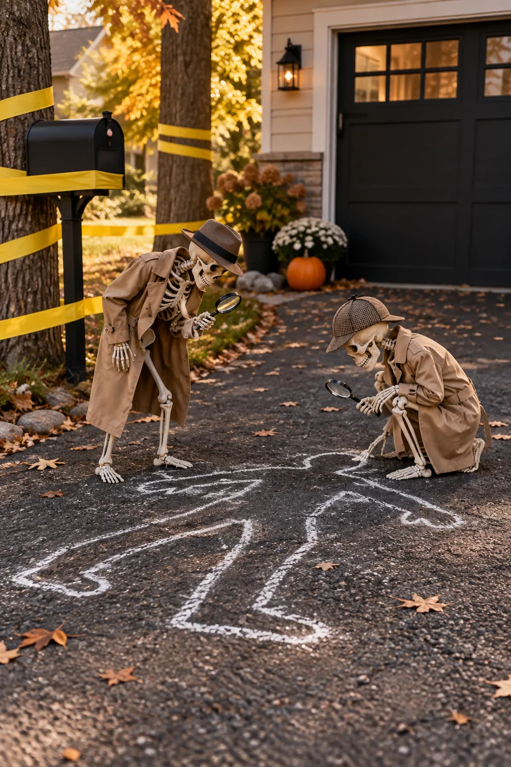 Skeletons holding magnifying glasses looking at a chalk outline on the driveway