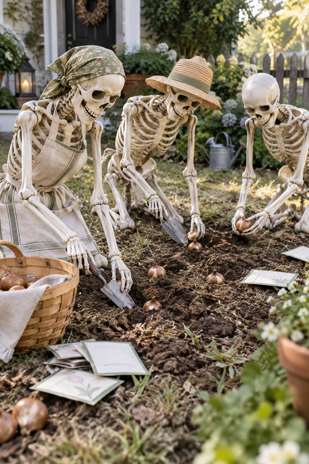 Skeletons using hand trowels to plant fake bulbs in a dead grass patch