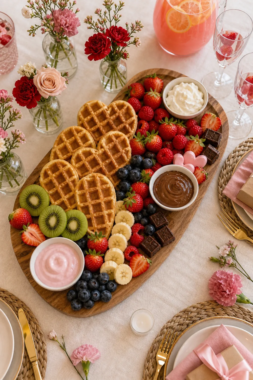 Overhead view of a wooden grazing board filled with heart-shaped waffles, berries, and chocolate dips.