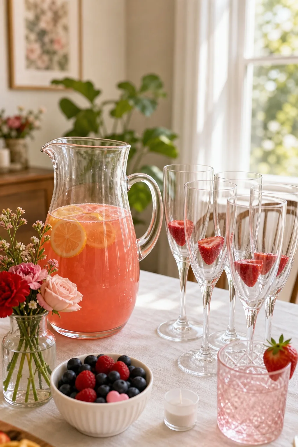 Large glass pitcher filled with pink grapefruit cocktail next to champagne flutes with fruit garnishes.