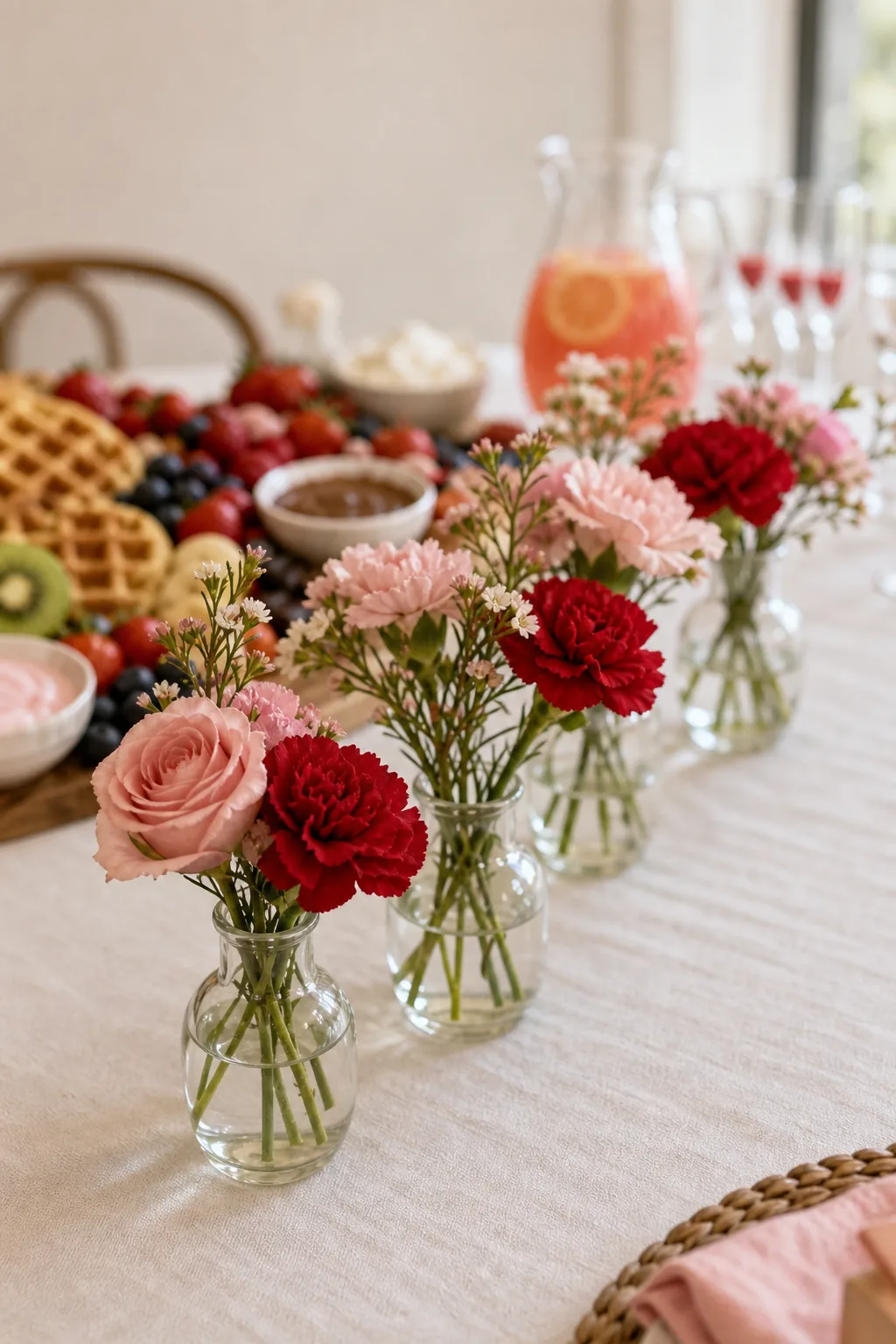 Small glass bud vases holding pink roses and red carnations spaced along a white tablecloth.
