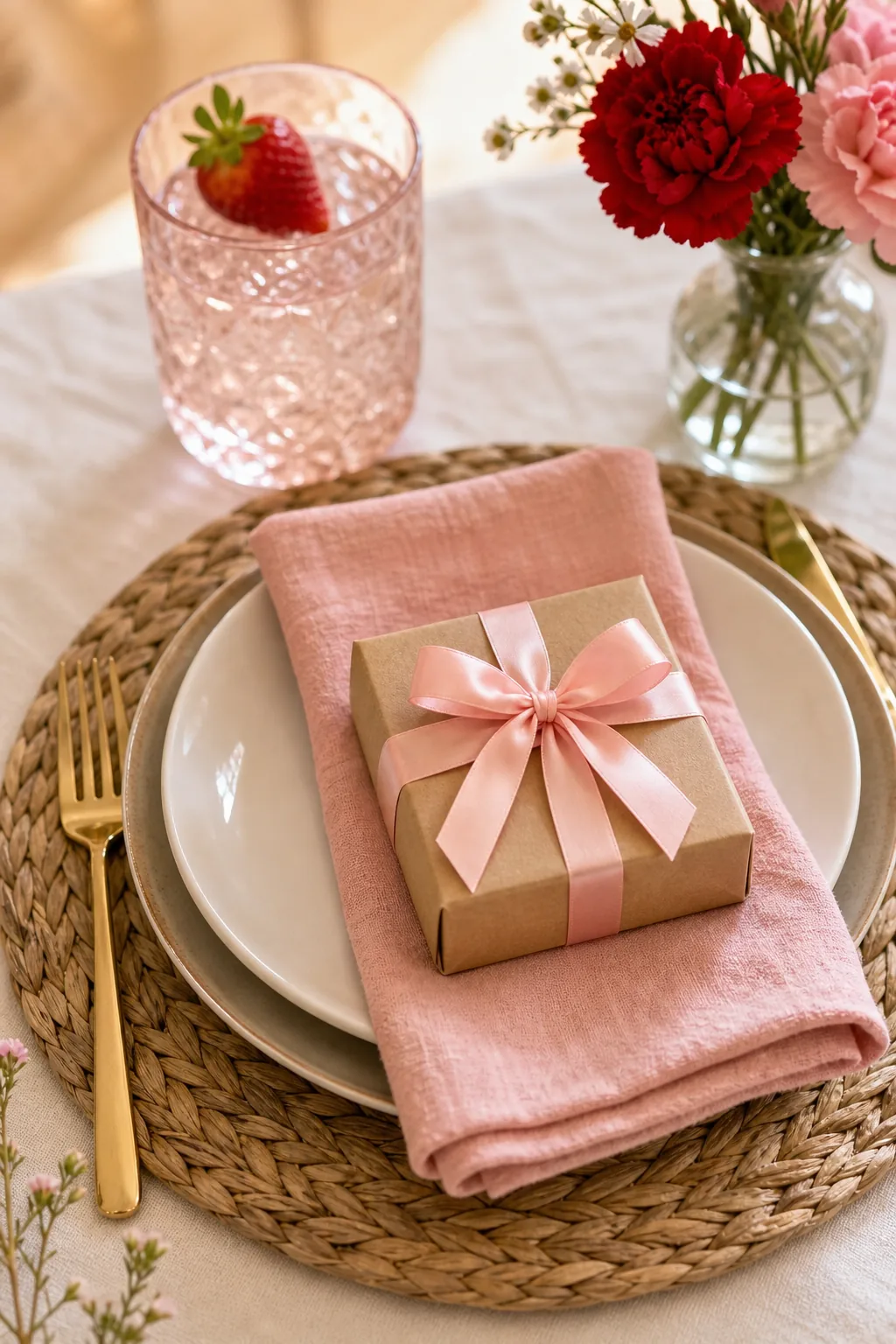 Kraft paper gift box tied with pink ribbon sitting on a white plate and woven placemat.