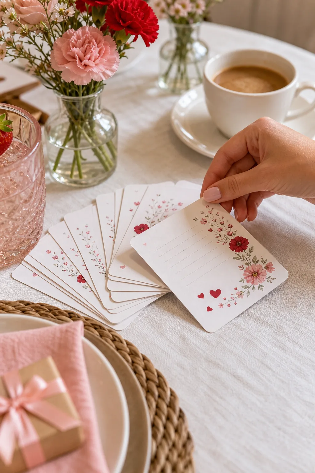 Stack of printed conversation cards with floral motifs on a white linen tablecloth.
