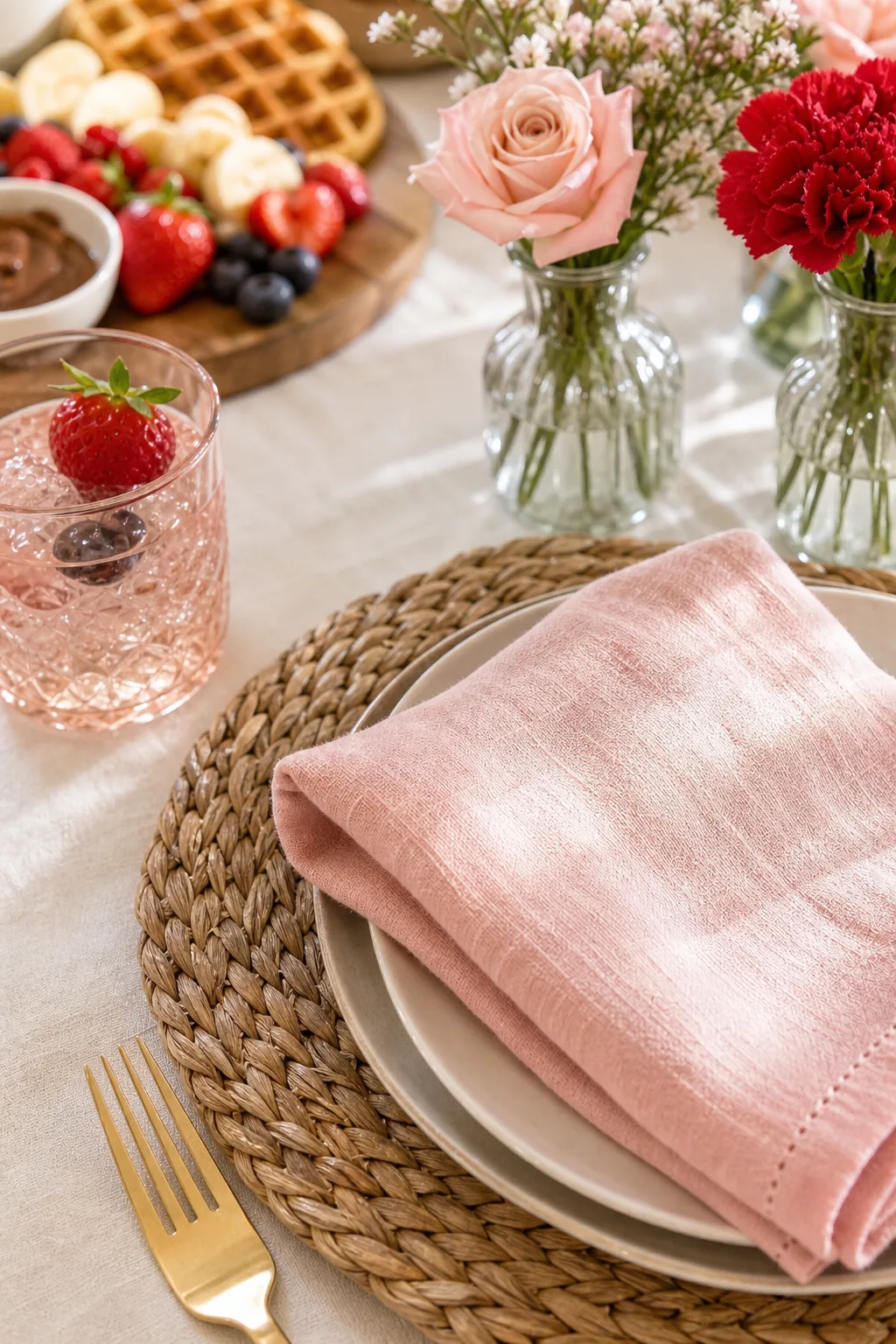 Folded pink linen napkin resting on a round woven water hyacinth placemat.