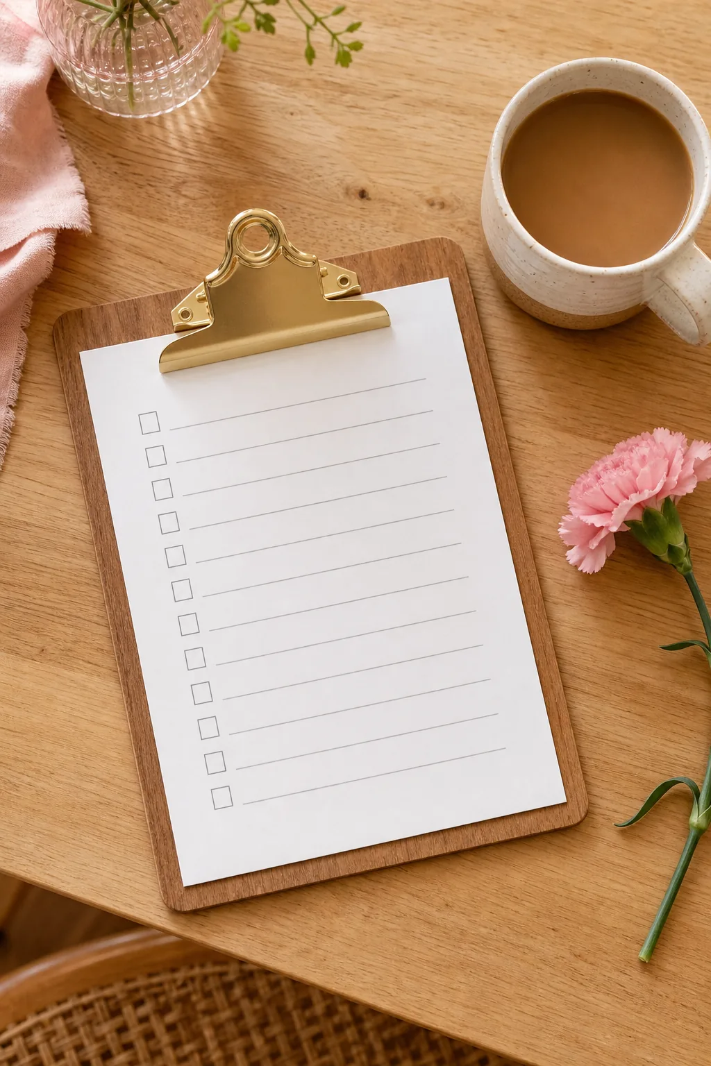 Printed party prep checklist on a wooden clipboard next to a cup of coffee.