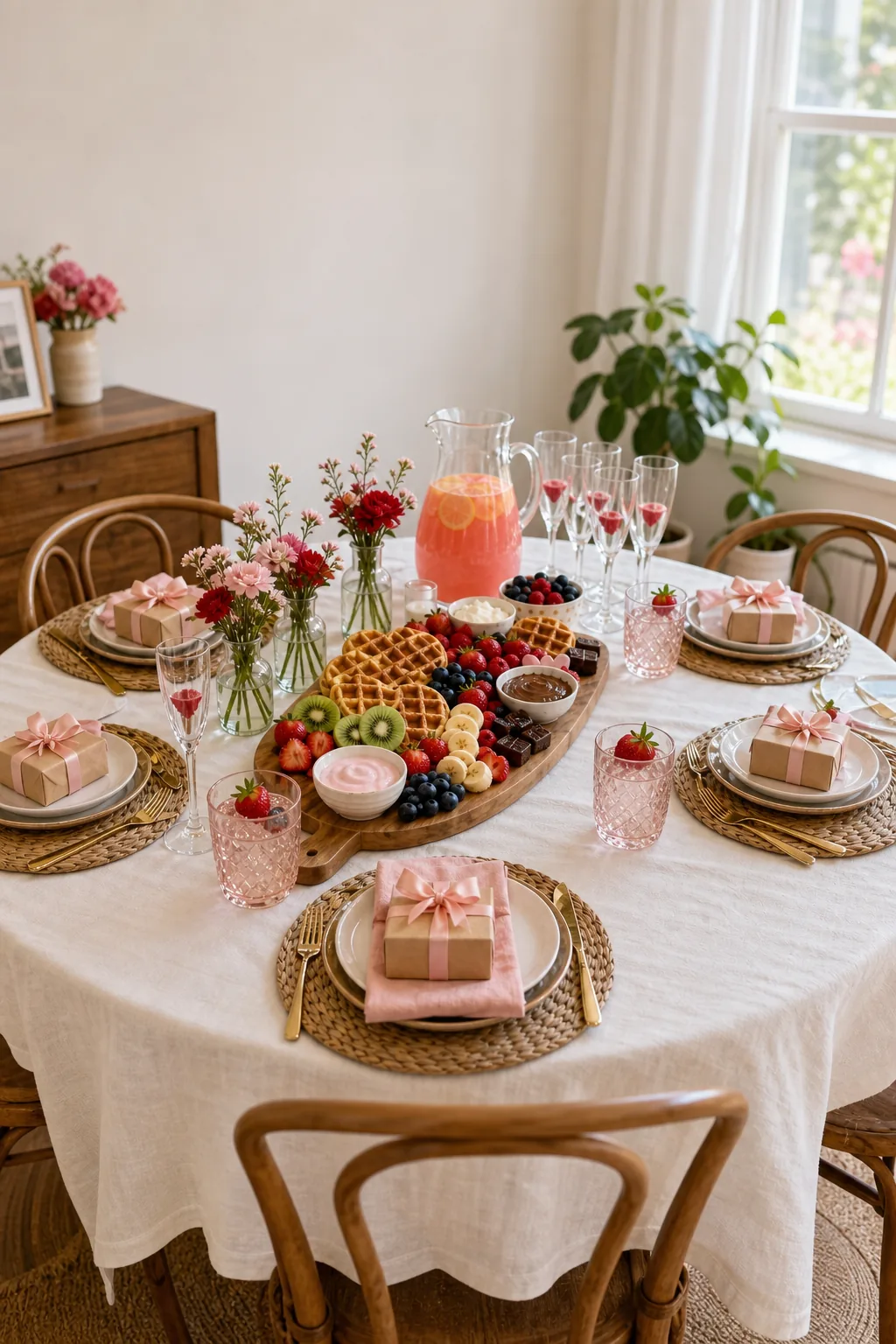 Full view of a set Galentine's Day brunch table from the head chair perspective.