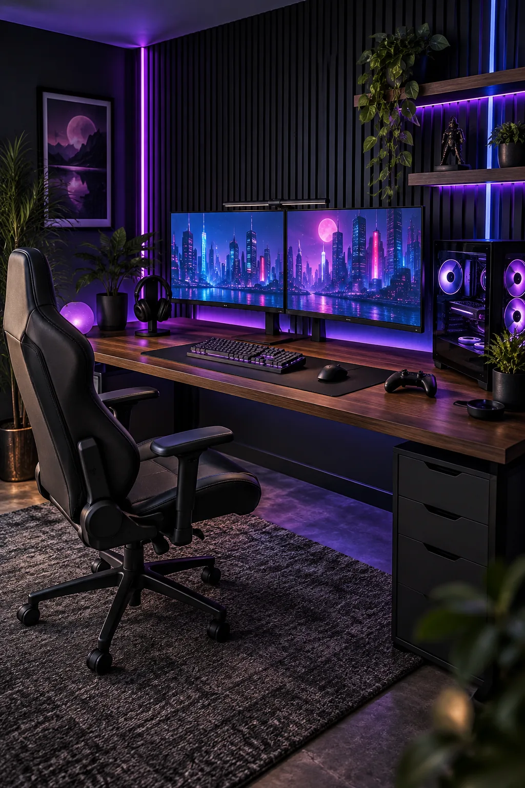 A dark cyberpunk gaming setup with neon purple lighting and black slat walls.