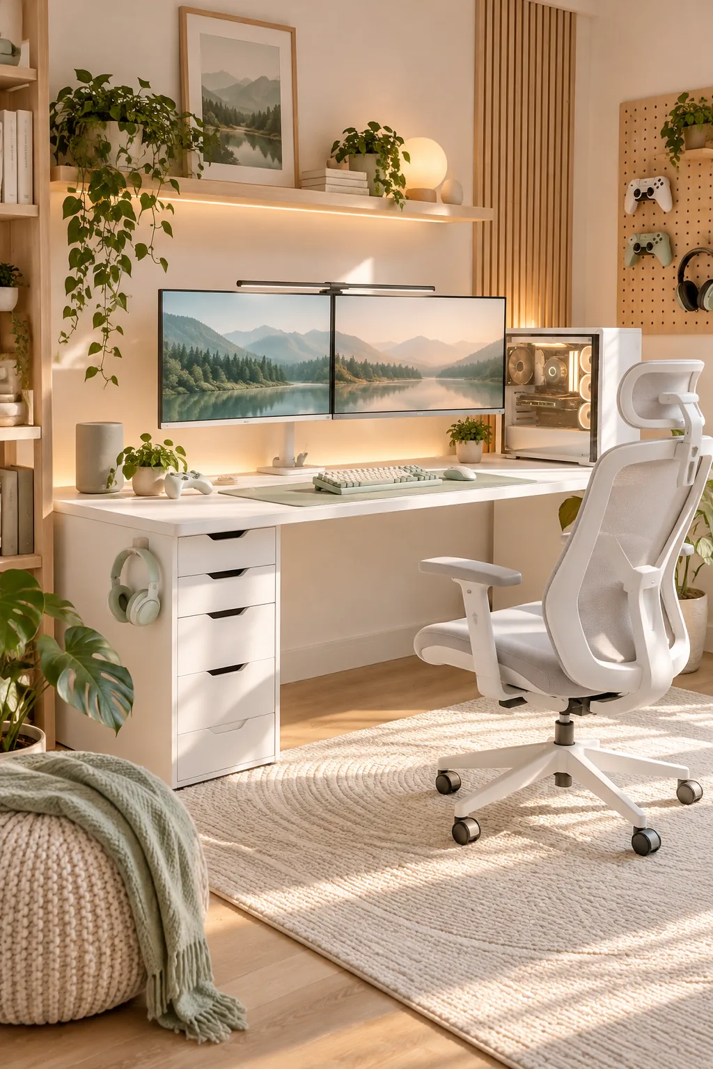 A bright minimalist gaming setup with a white desk and pastel mint accessories.
