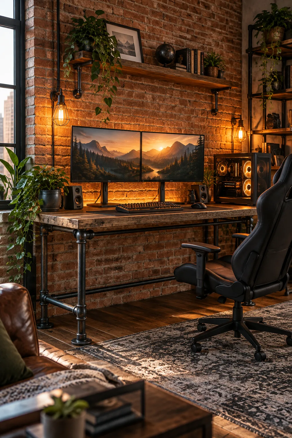 An industrial gaming setup with a reclaimed wood desk against an exposed brick wall.