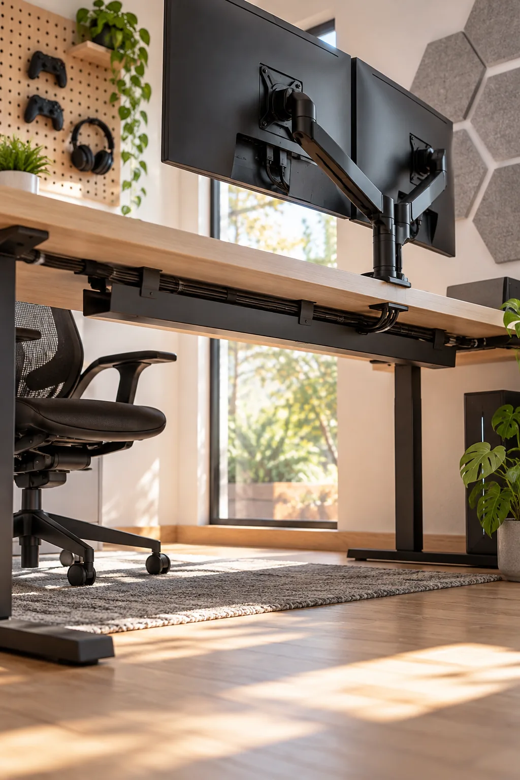 Close-up of a black monitor arm base mounted directly through a hole in a light wood desk.