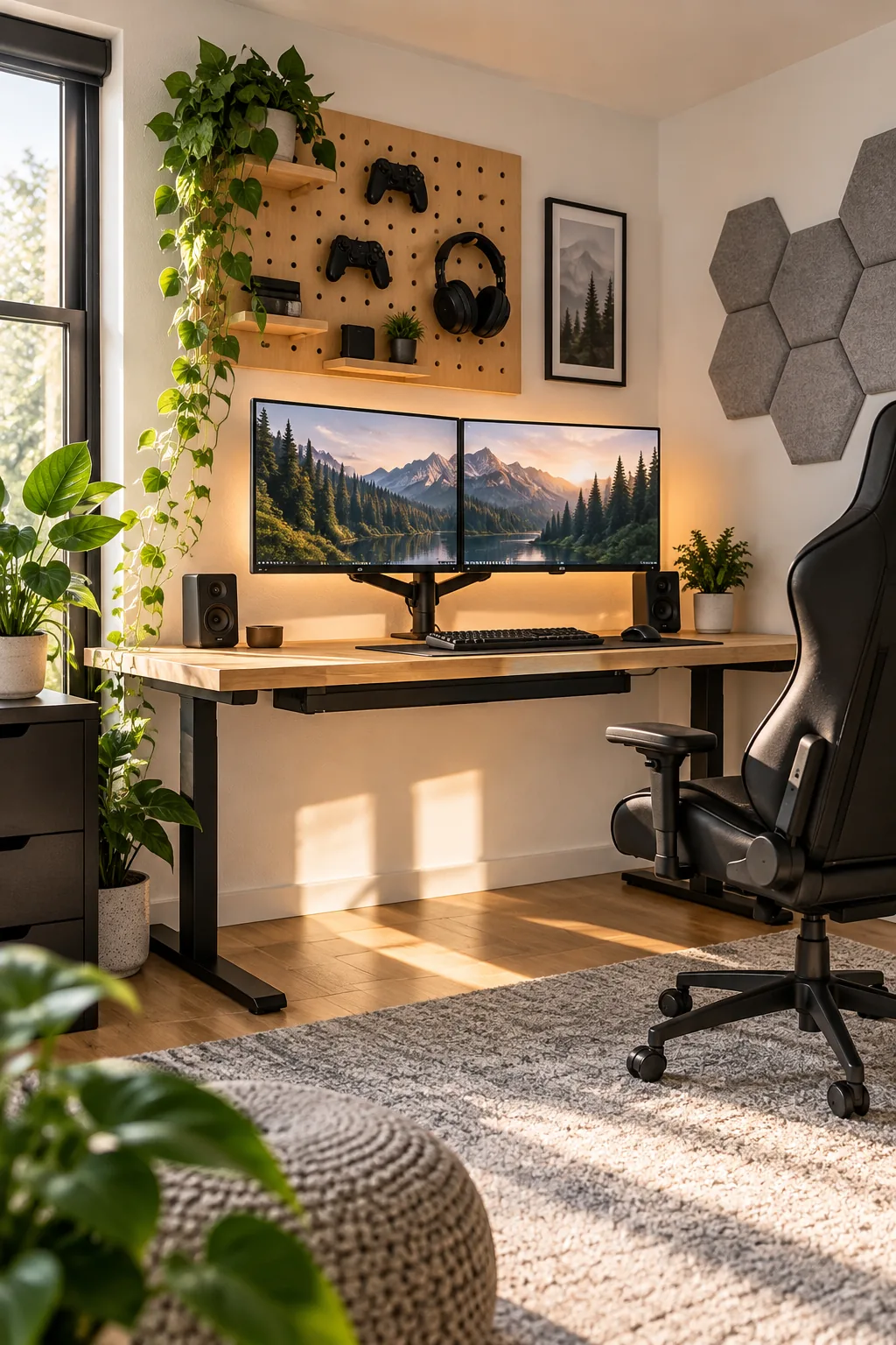 Low angle view showing a black cable management J-channel hidden under the back edge of a desk.