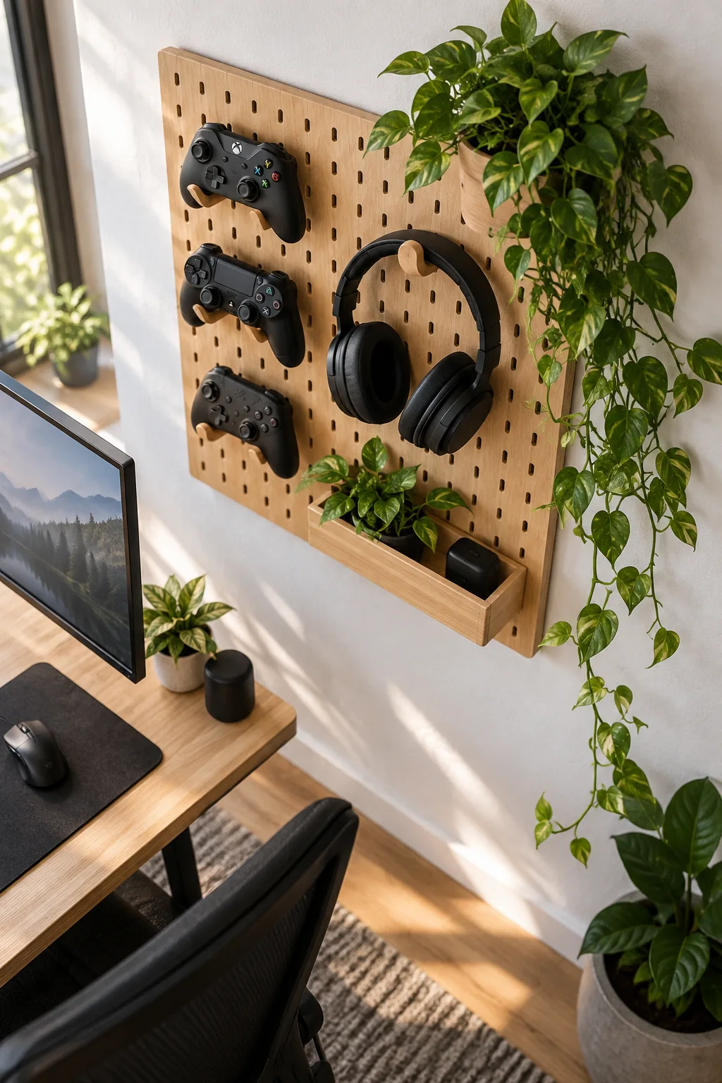 A wooden wall pegboard holding black gaming controllers and a headset, decorated with a trailing plant.