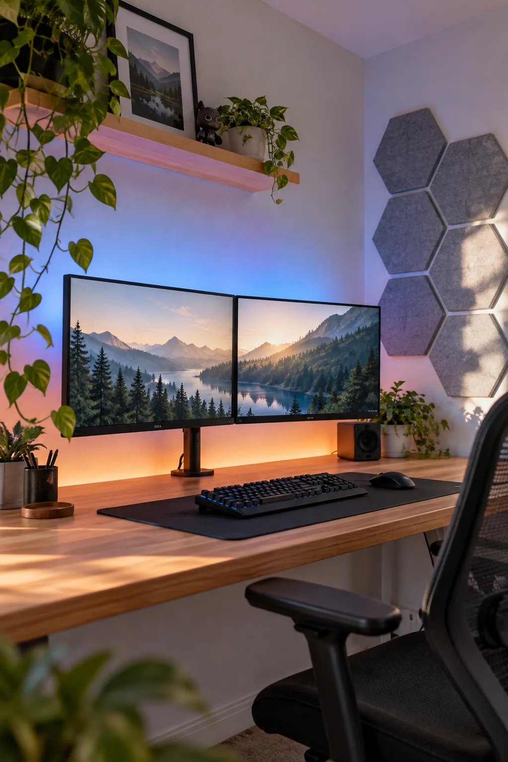 Grey hexagonal acoustic panels mounted on a white wall next to a gaming desk.