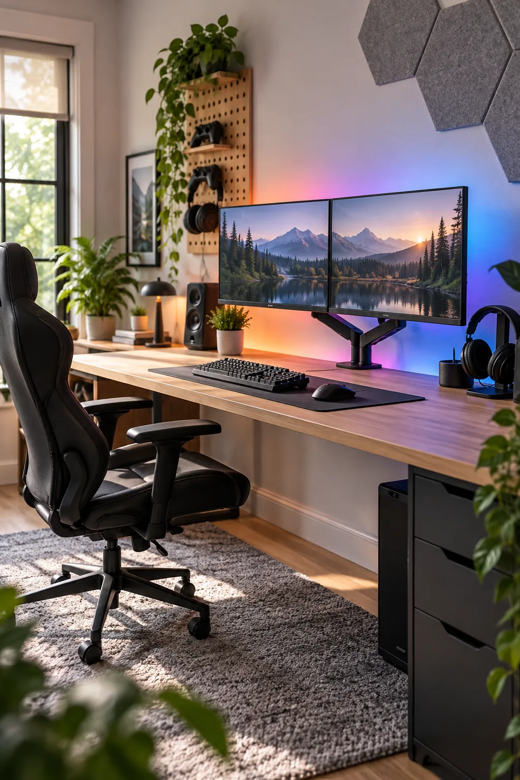 Soft colorful bias lighting glowing on the wall behind two computer monitors.