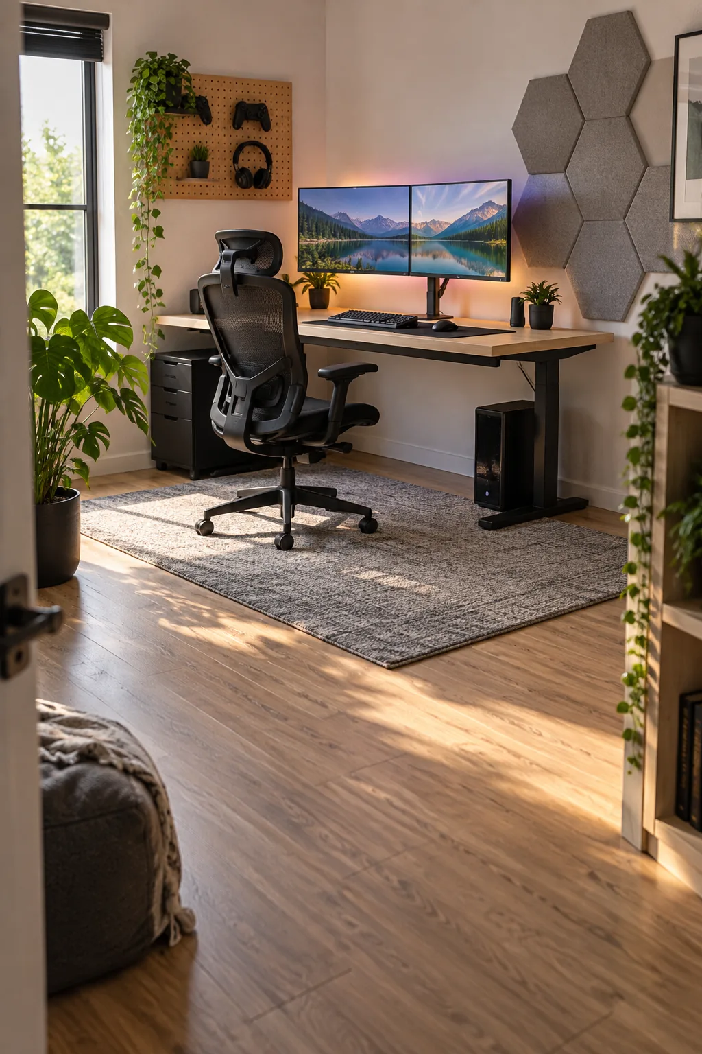 A black ergonomic gaming chair on a grey rug pulled out from a light wood desk.