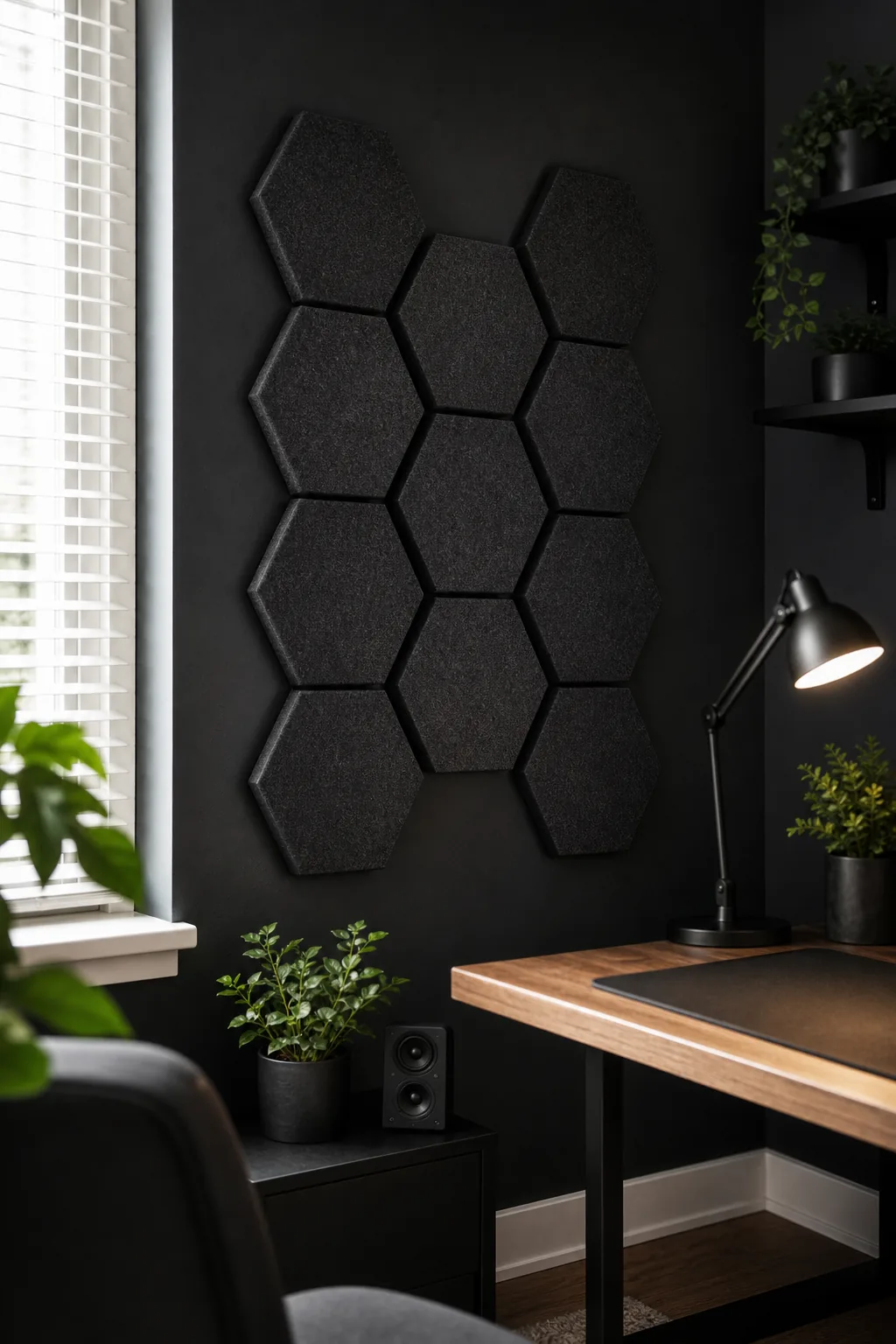 Close-up of dark grey hexagon acoustic panels arranged on a matte black wall.