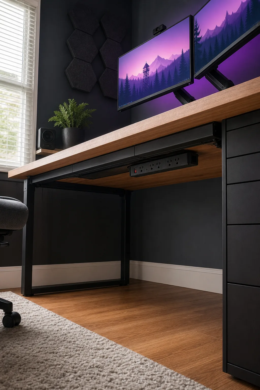 Low-angle view under a wooden desk showing a mounted power strip and cable raceway hiding all wires.