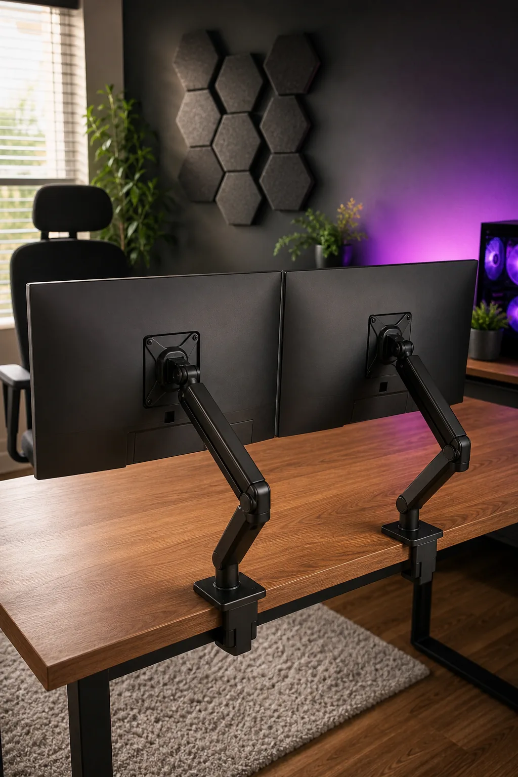 Back view of two computer monitors held by heavy-duty black pneumatic arms clamped to a wooden desk.