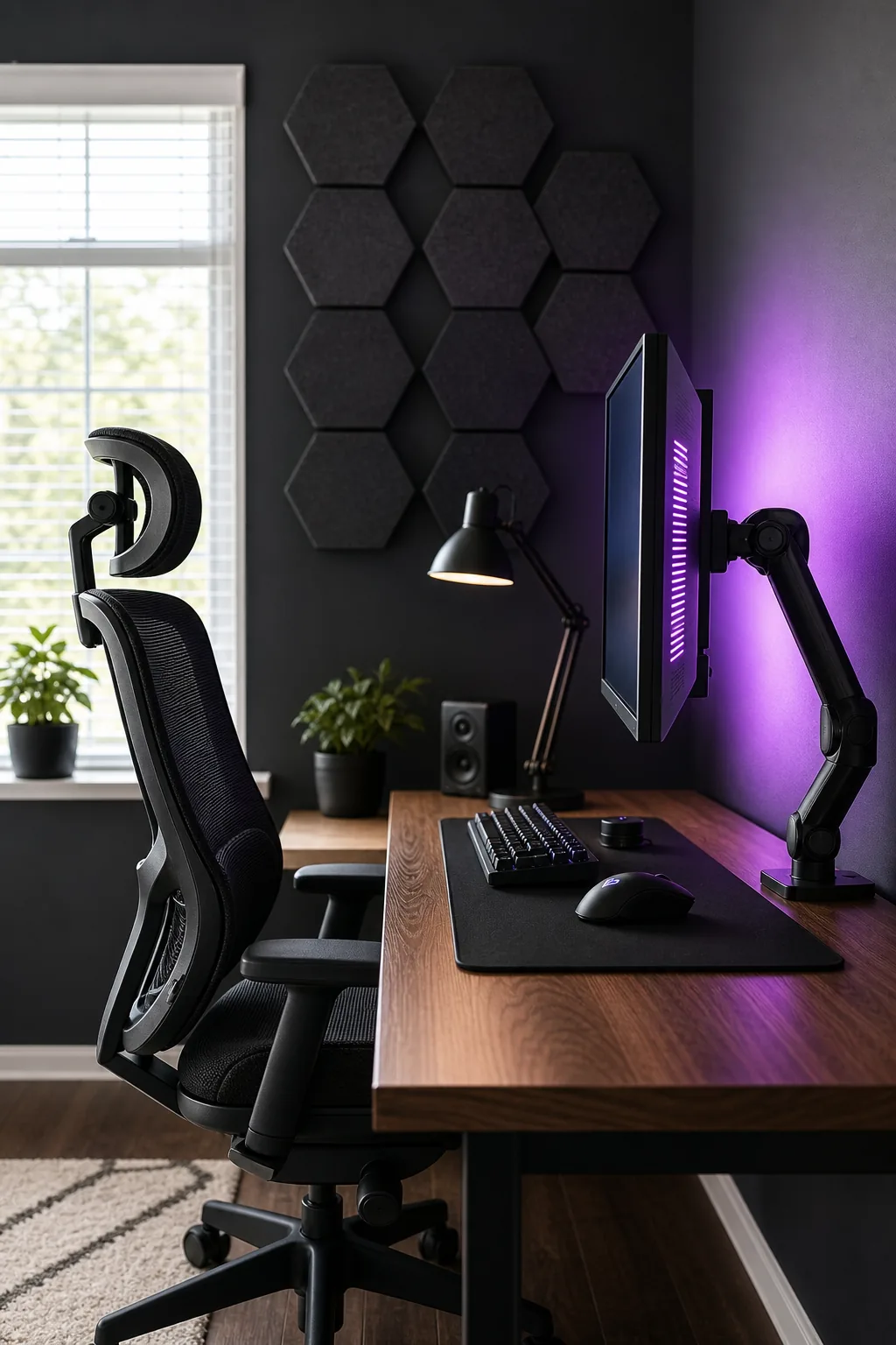 Profile view of a gaming chair aligned with the top third of a computer monitor.