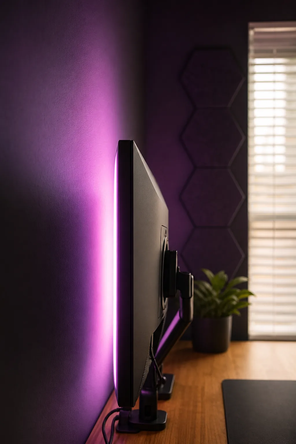 The back of a computer monitor casting a soft purple and pink light onto a dark wall.