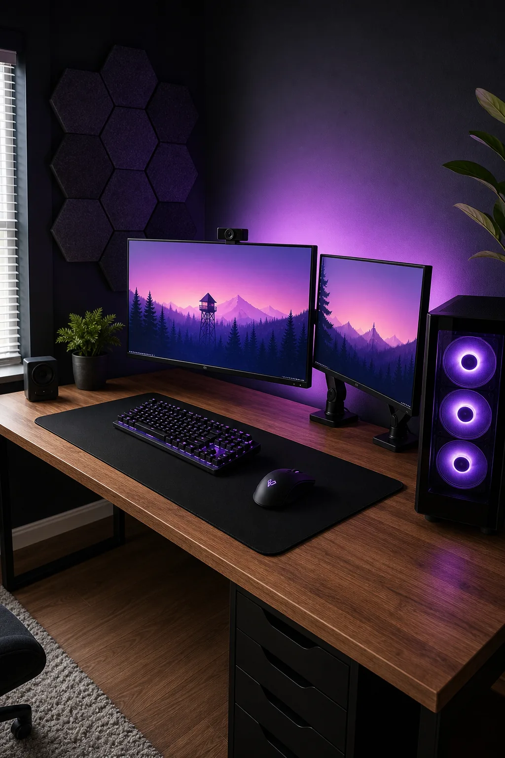 A glass PC case with purple illuminated fans matching the purple backlight of adjacent monitors.