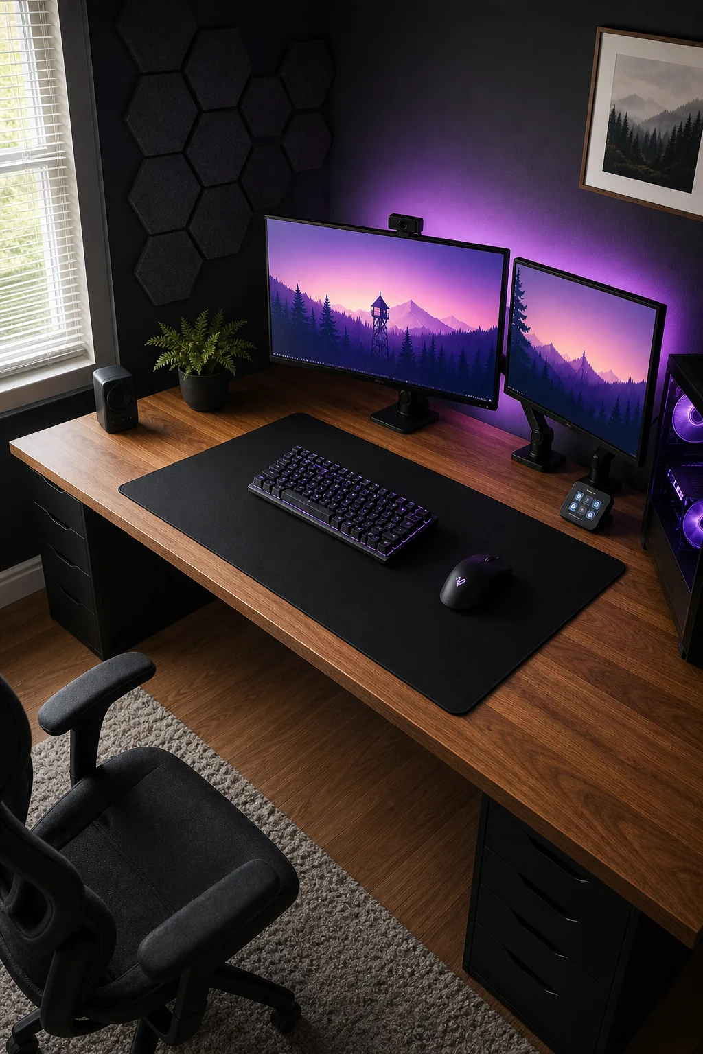 Top-down view of a black mechanical keyboard and mouse on a large black desk pad.