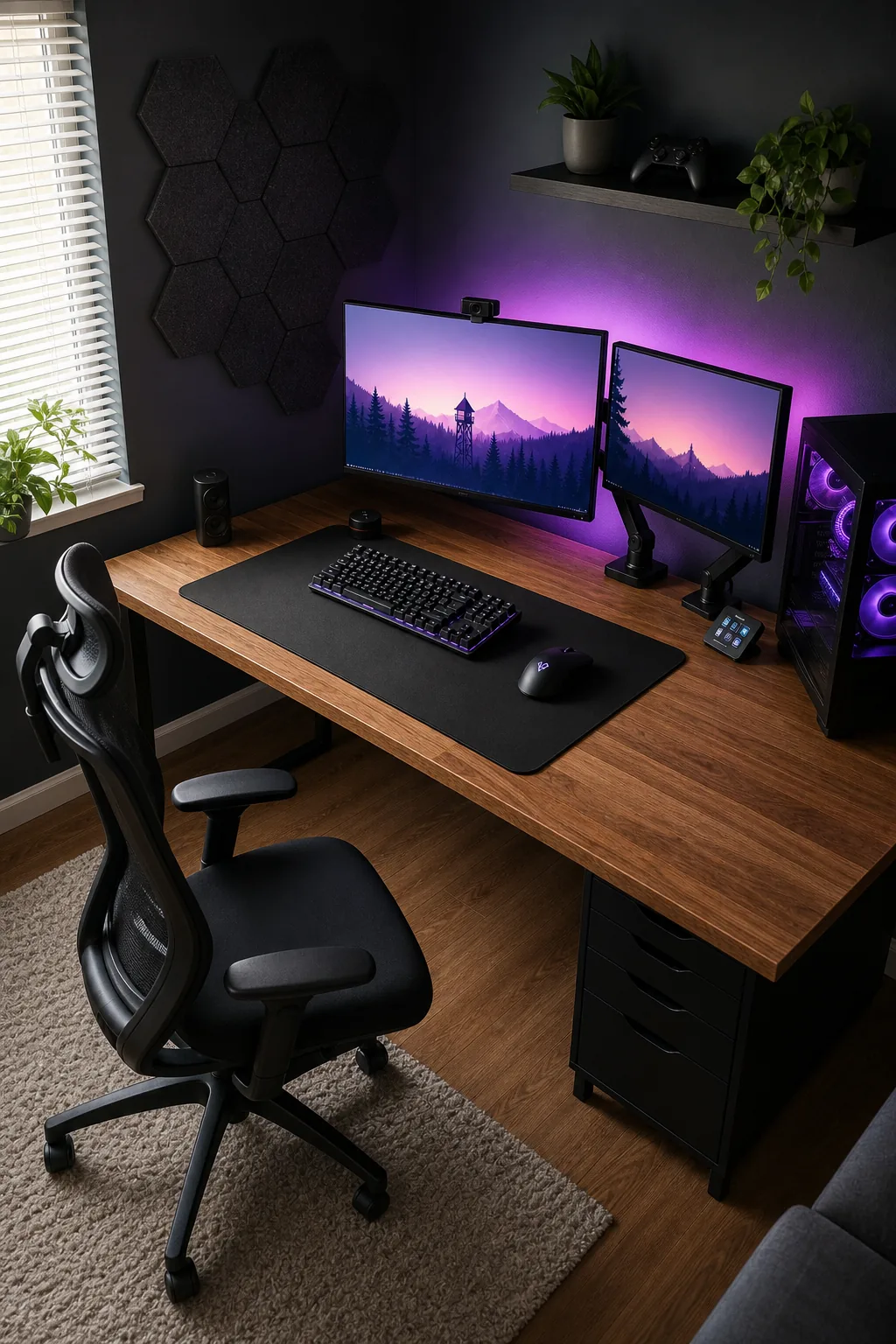 A complete gaming desk setup with dual monitors, acoustic panels, and purple ambient lighting.