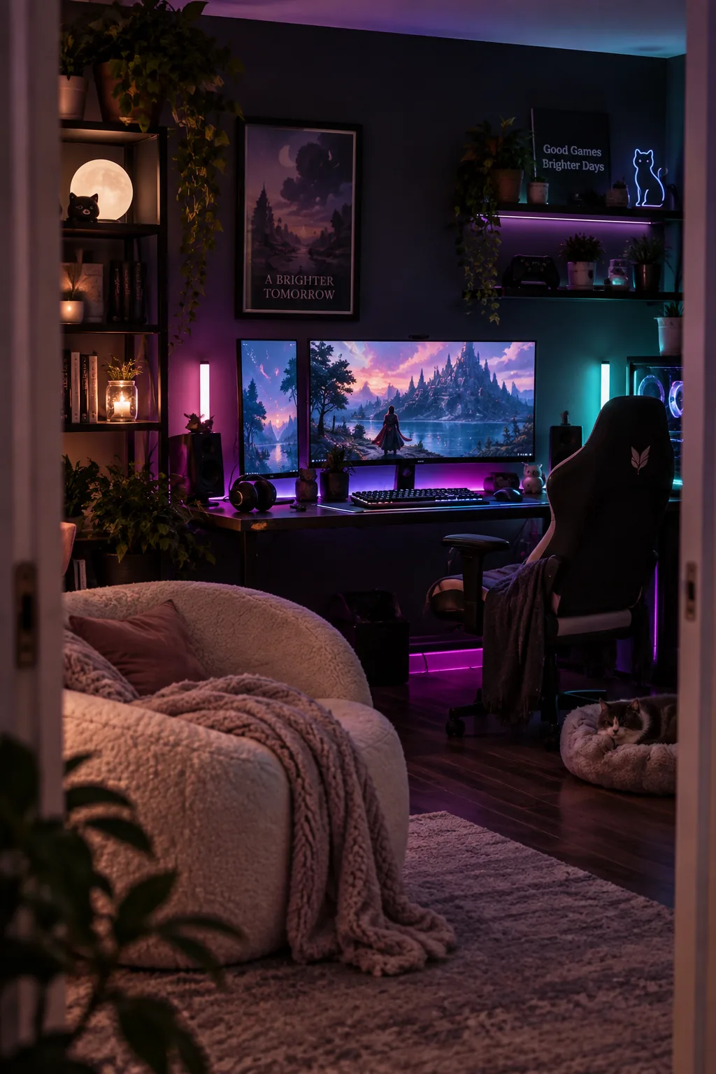 Desk with blue and purple LED lights glowing against a dark gray wall