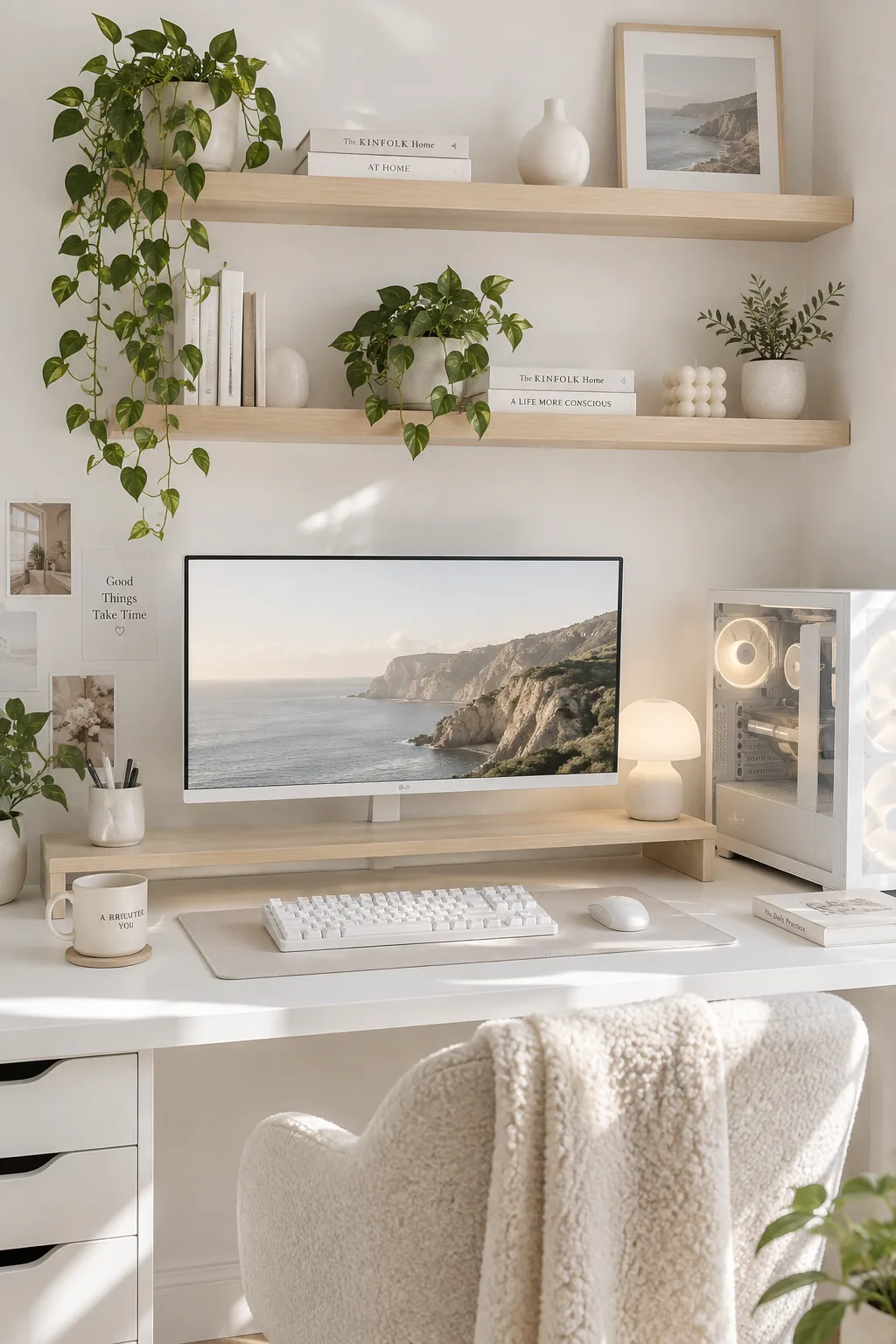 All-white gaming desk setup with light wood floating shelves